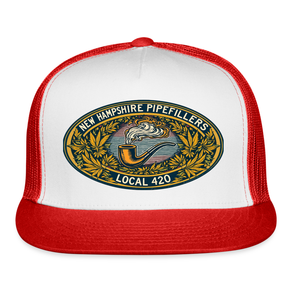 NEW HAMPSHIRE PIPEFILLERS UNION LOCAL 420 Camo Trucker Cap - white/red