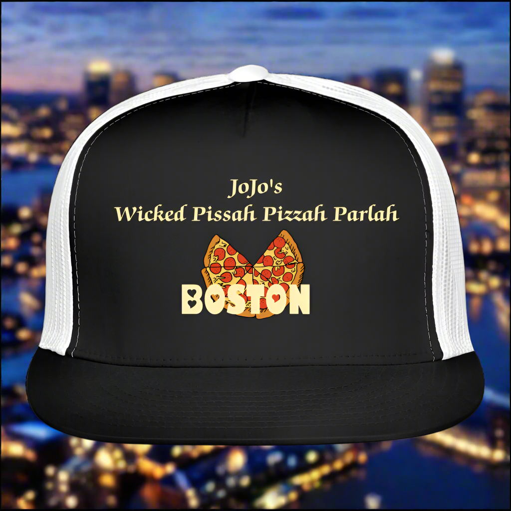 SIE CAPS JoJo;s WICKED PISSAH PIZZAH BOSTON PARLAH Camo Trucker Cap - black/white