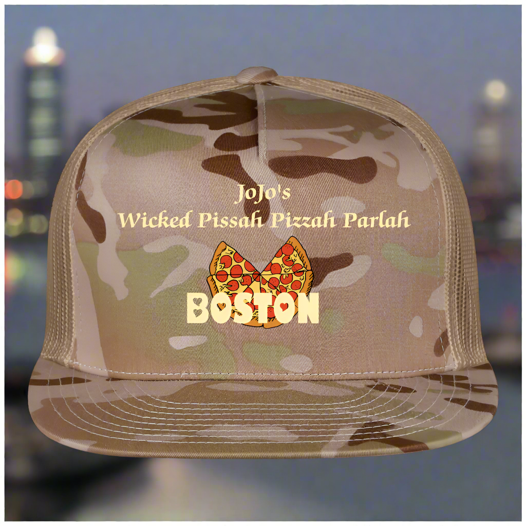 SIE CAPS JoJo;s WICKED PISSAH PIZZAH BOSTON PARLAH Camo Trucker Cap - MultiCam\tan