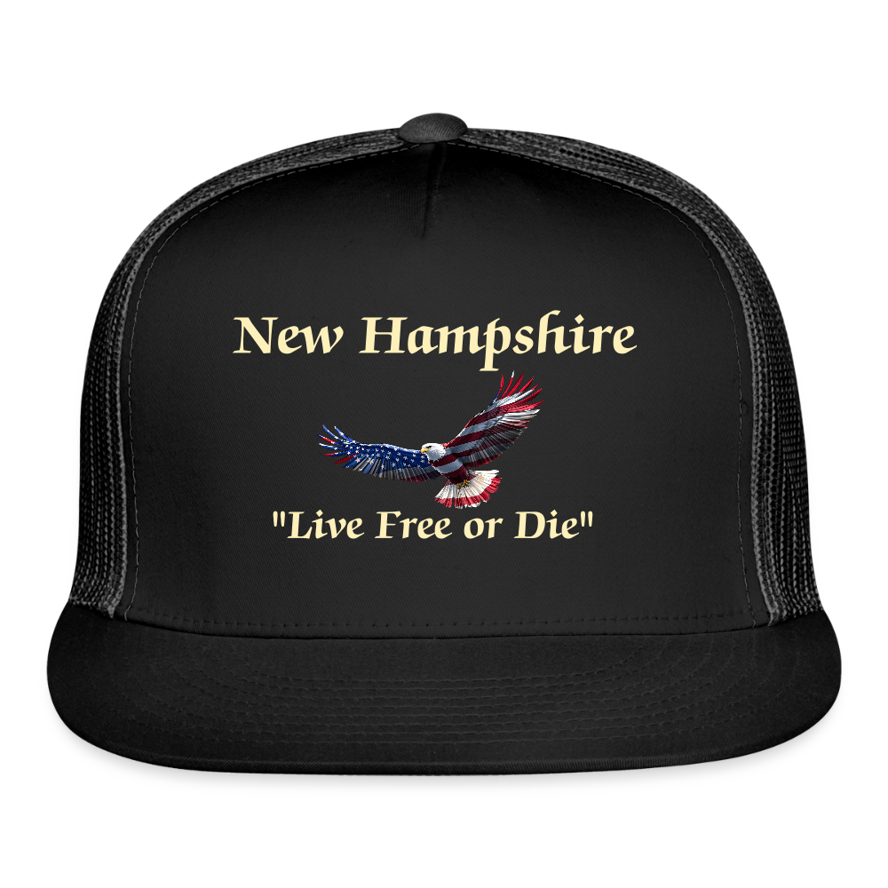 NH Live Free or Die Flying Eagle Camo Trucker Hat - black/black