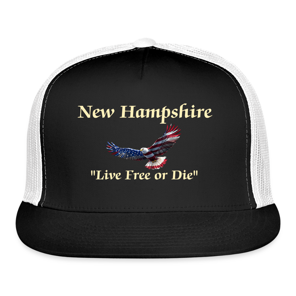 NH Live Free or Die Flying Eagle Camo Trucker Hat - black/white