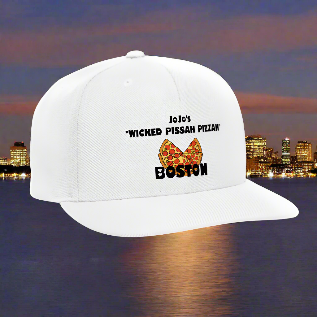 JoJo's "WICKED PISSAH PIZZAH BOSTON" Original Snapback Baseball Cap - white