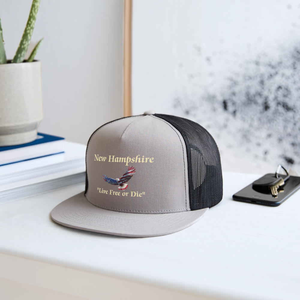 NH Live Free or Die Flying Eagle Camo Trucker Hat - gray/black