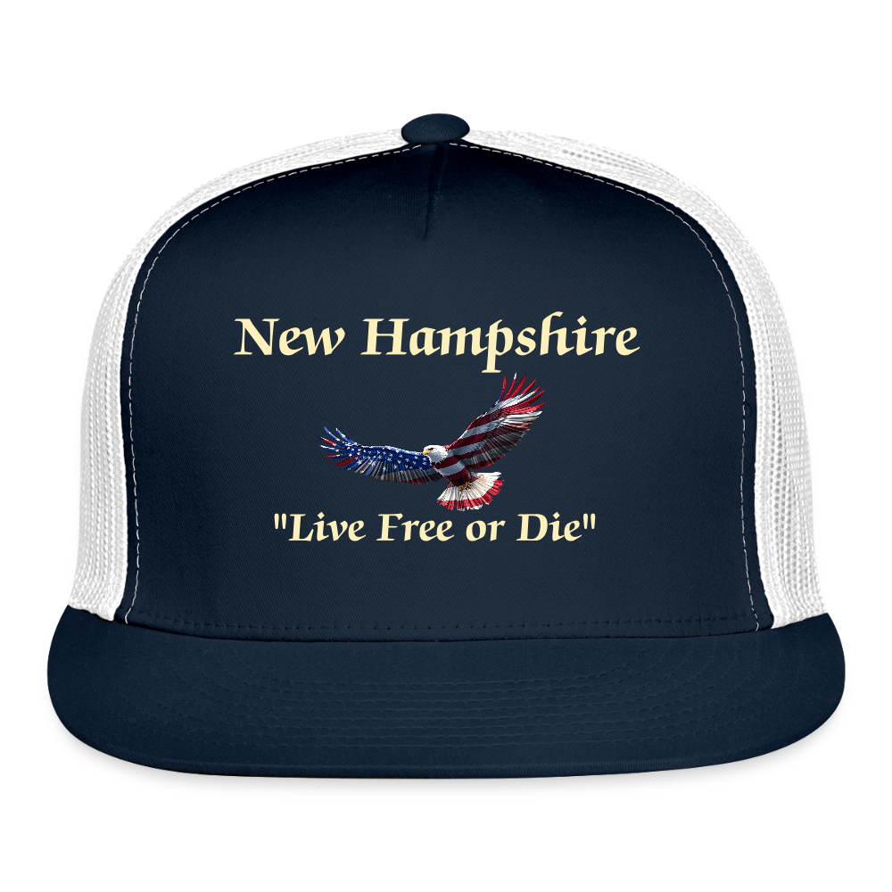 NH Live Free or Die Flying Eagle Camo Trucker Hat - navy/white