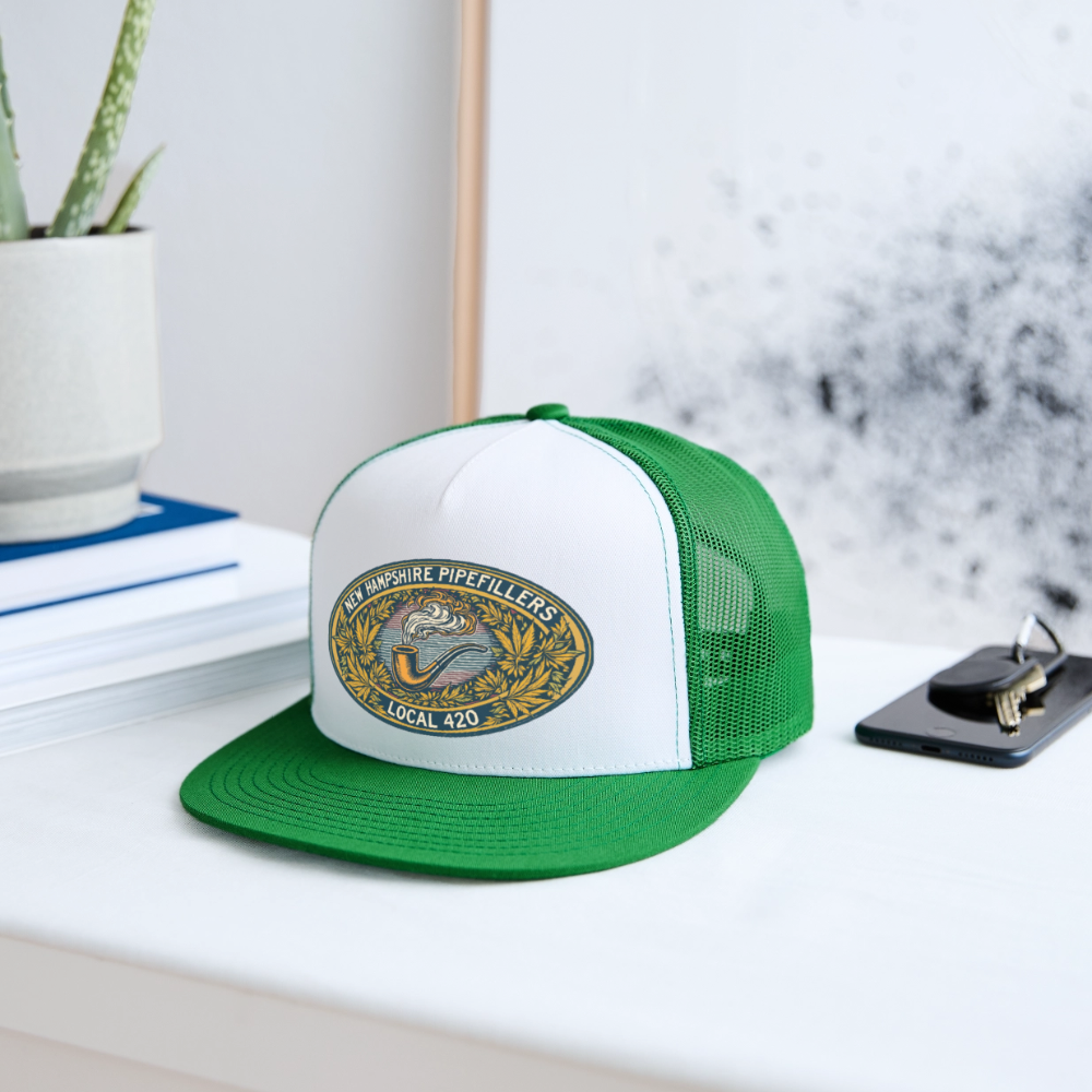 NEW HAMPSHIRE PIPEFILLERS UNION LOCAL 420 Camo Trucker Cap - white/kelly green