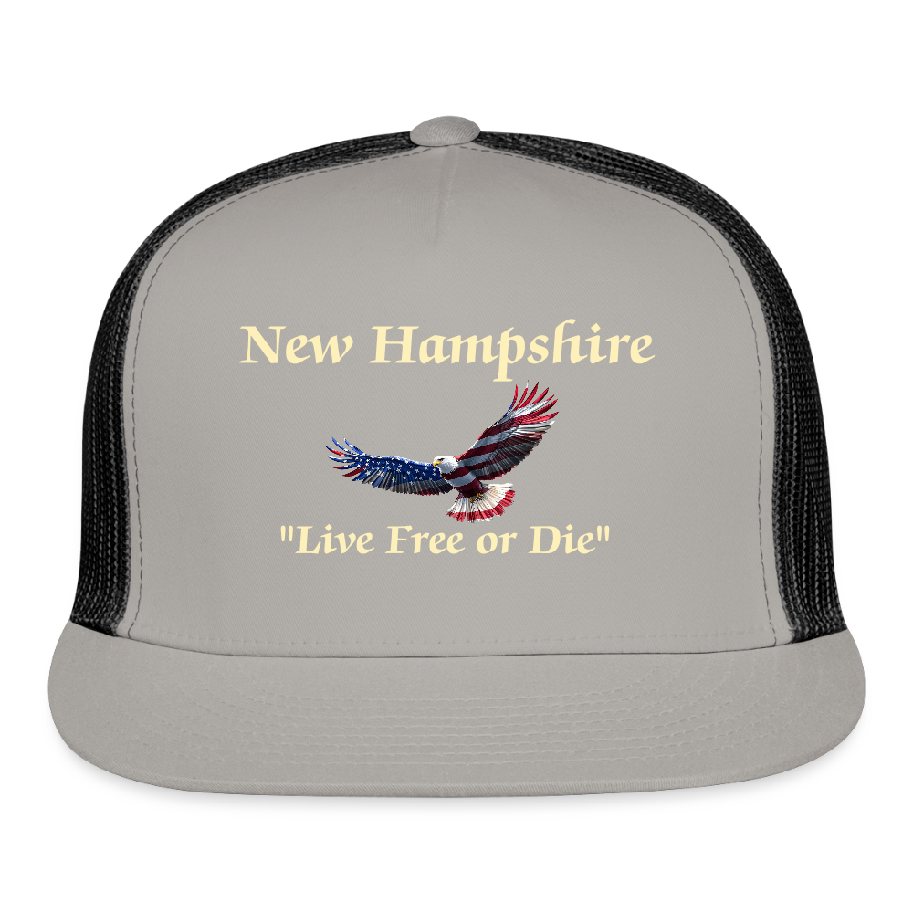 NH Live Free or Die Flying Eagle Camo Trucker Hat - gray/black