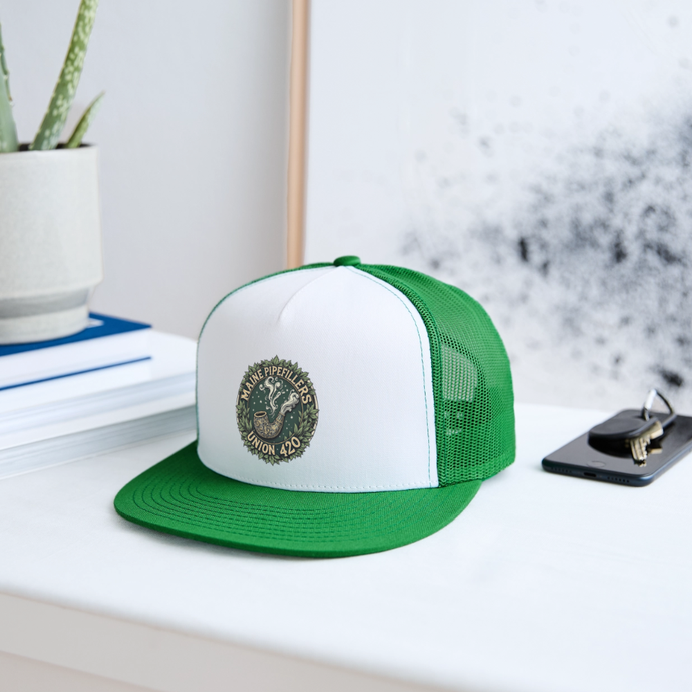 MAINE PIPEFITTERS UNION 420 Camo Snapback Trucker Cap - white/kelly green