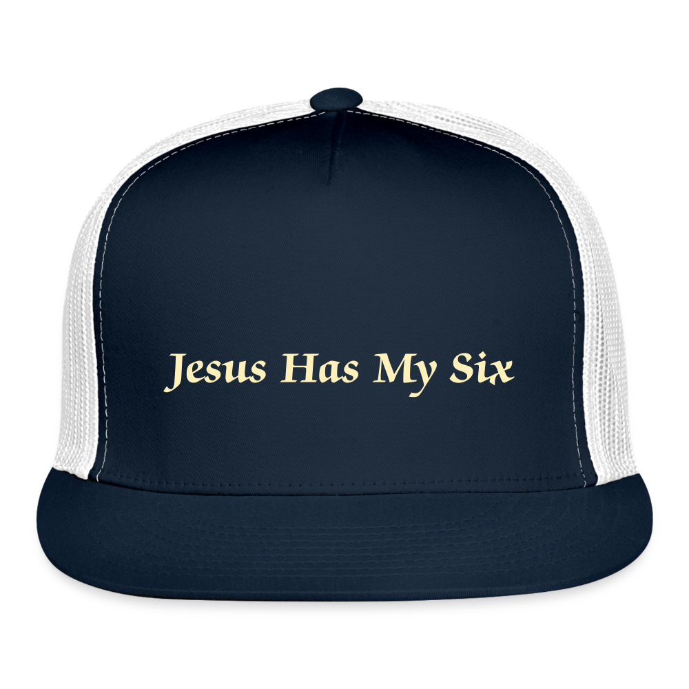 JESUS HAS MY SIX Camo Trucker Cap - navy/white