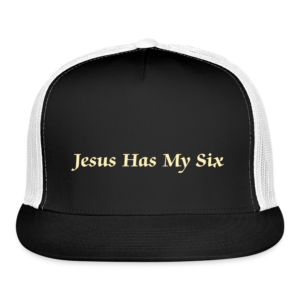 JESUS HAS MY SIX Camo Trucker Cap - black/white