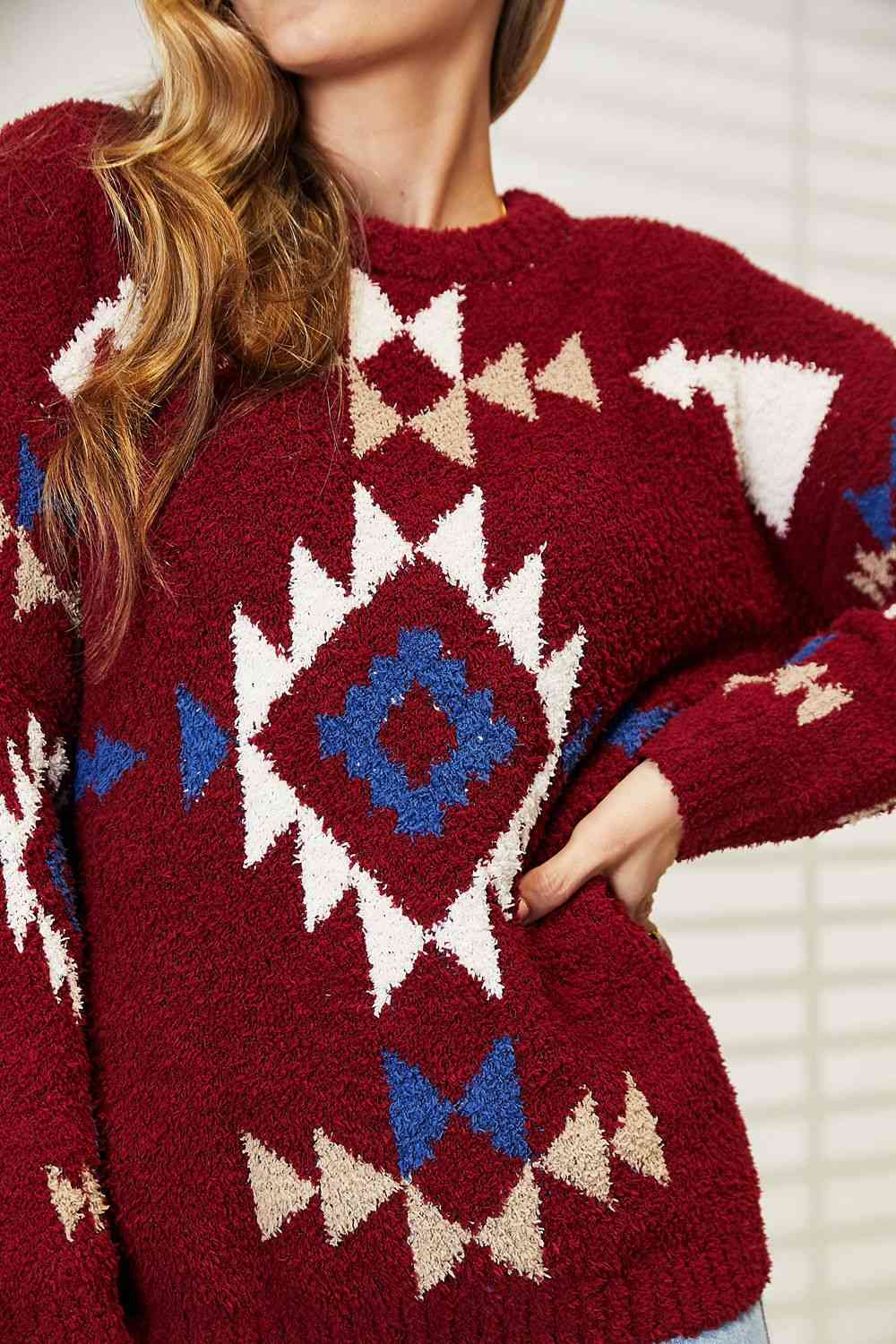 HEYSON Full Size WINE Aztec Soft Fuzzy Sweater
