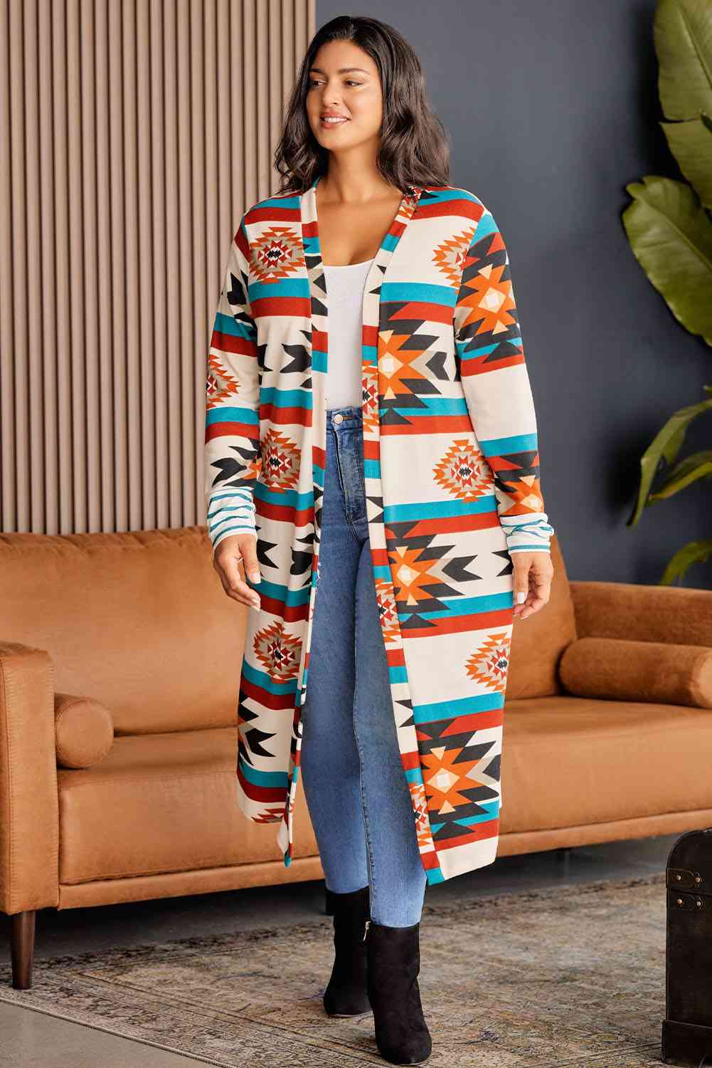 Plus Size Geometric Open Front Longline Cardigan "Breathtaking"