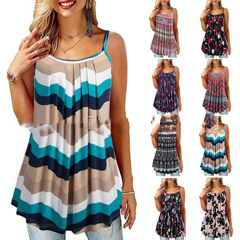 Summer Printed Pleated Wide Hem Loose Camisole Plus Sizes