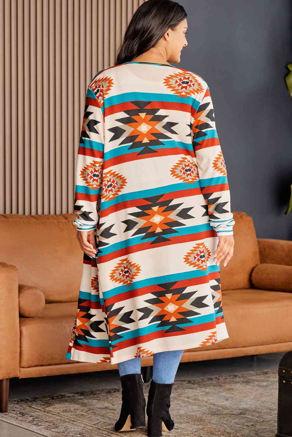 Plus Size Geometric Open Front Longline Cardigan "Breathtaking"