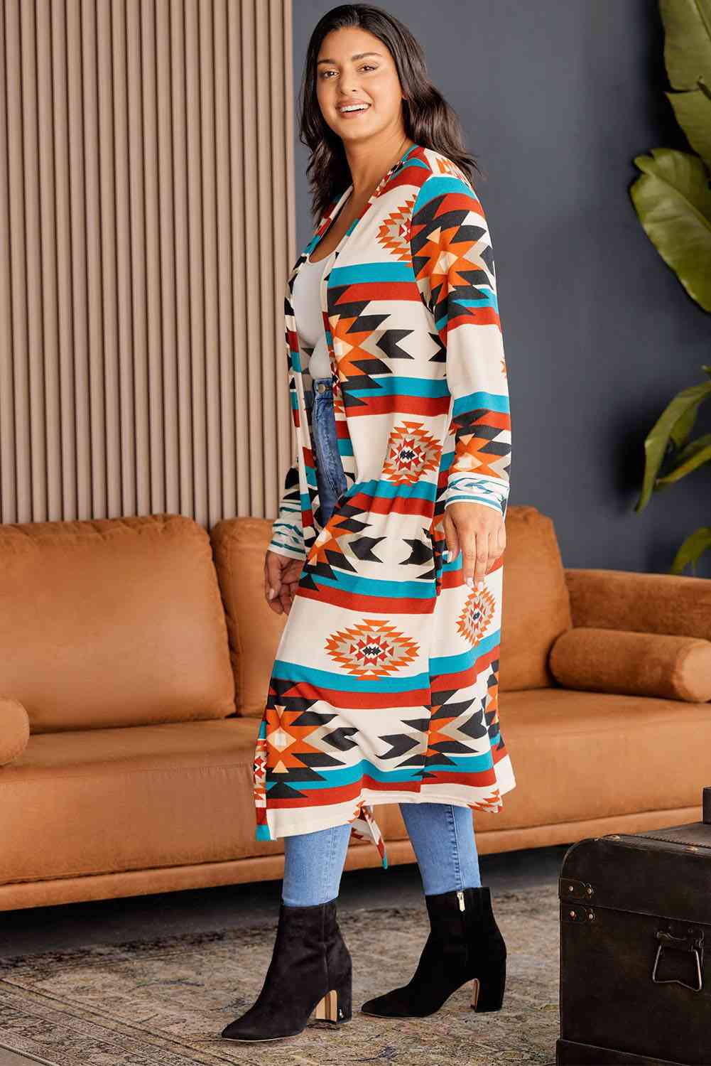 Plus Size Geometric Open Front Longline Cardigan "Breathtaking"