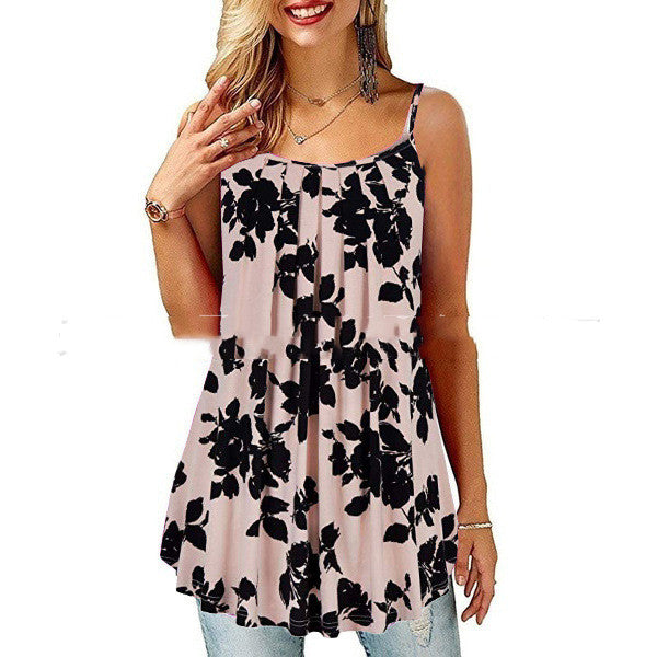 Summer Printed Pleated Wide Hem Loose Camisole Plus Sizes