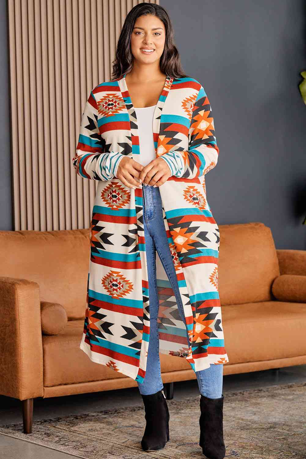 Plus Size Geometric Open Front Longline Cardigan "Breathtaking"