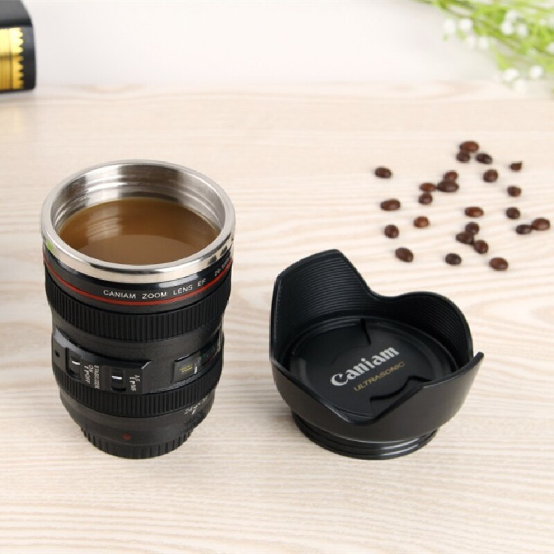 Stainless Steel Camera Lens Mugs ""Smile & Say Cheese.""