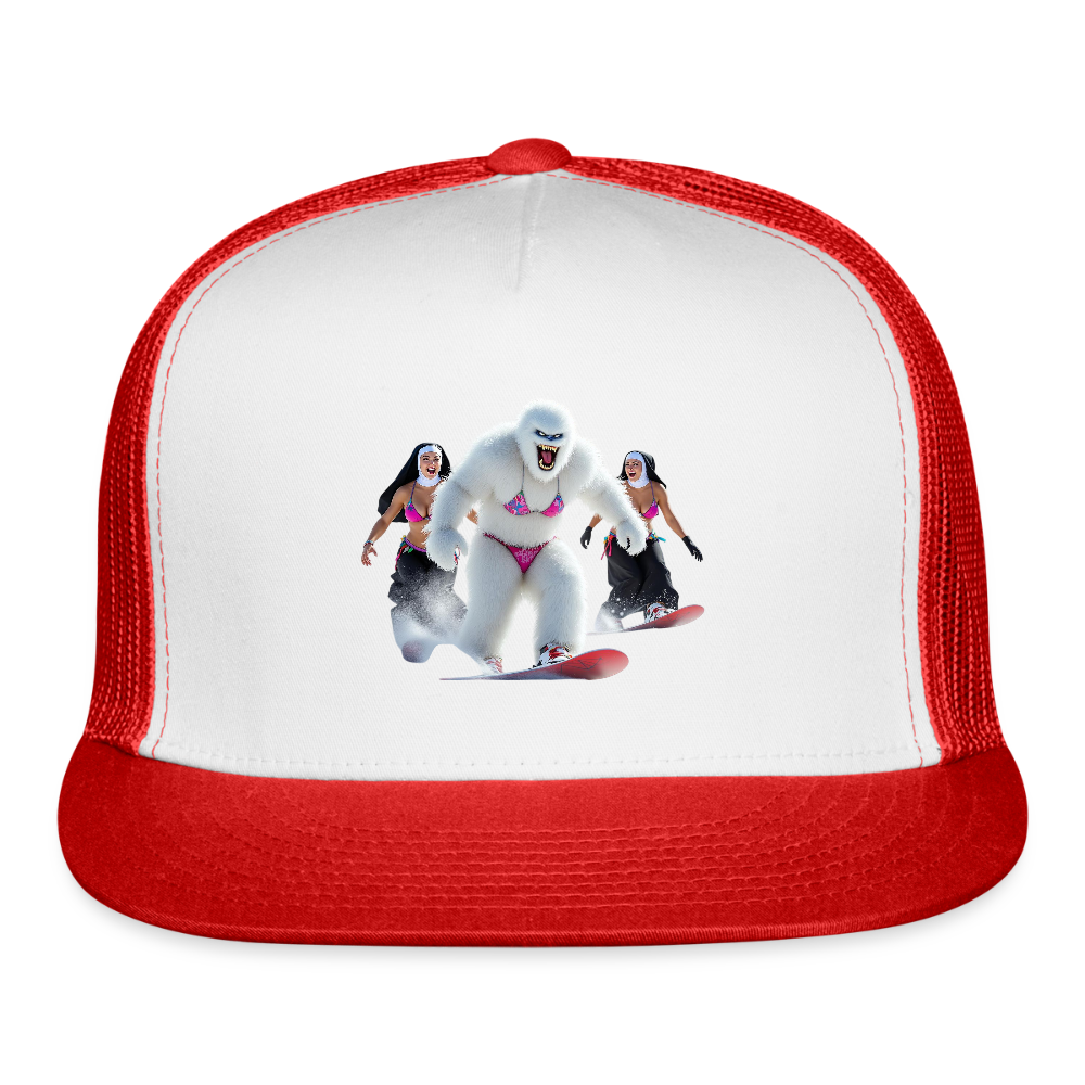 Abominable & Nuns Snowboarders Trucker Hat - white/red
