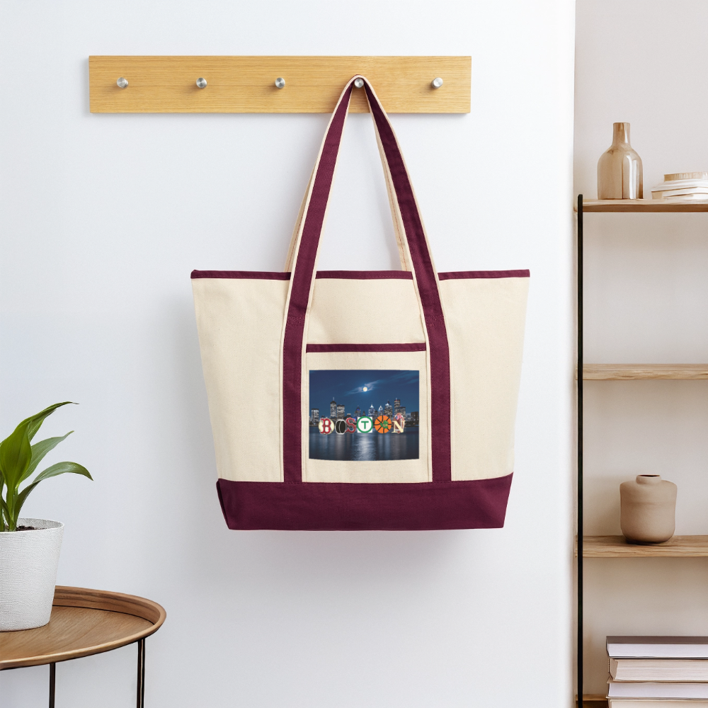 BOSTON SKYLINE AUTHENTIC Large Canvas Deluxe Tote - natural/maroon