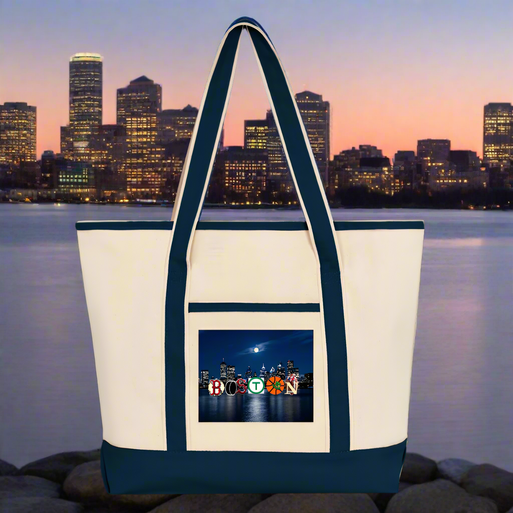 BOSTON SKYLINE AUTHENTIC Large Canvas Deluxe Tote - Natural/French Navy
