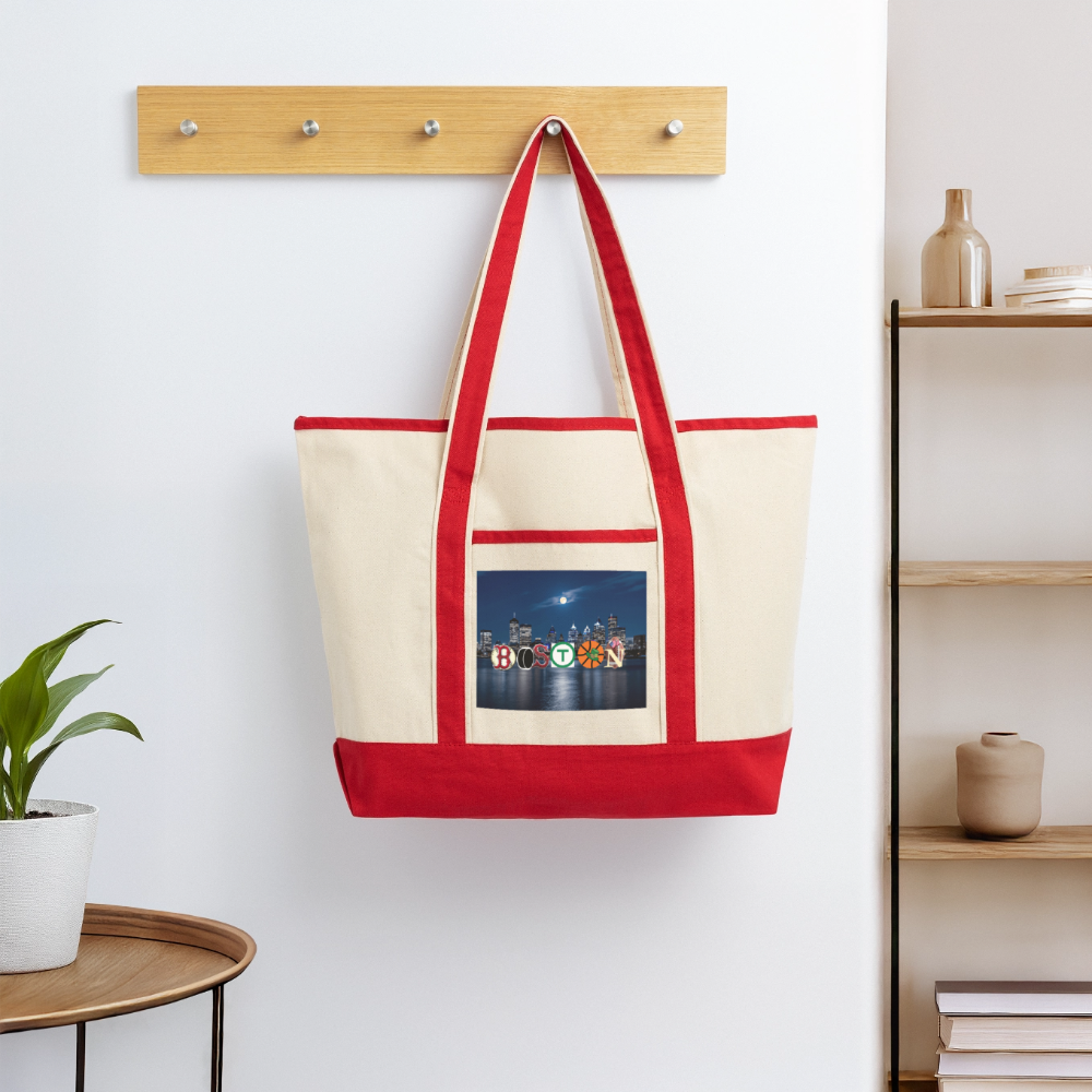 BOSTON SKYLINE AUTHENTIC Large Canvas Deluxe Tote - Natural/Classic Red