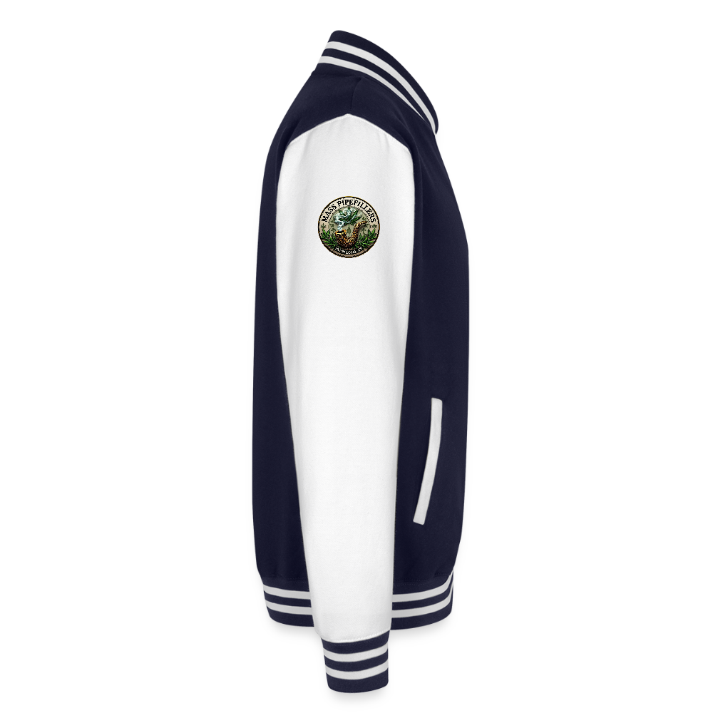 THE ORIGINAL MASS PIPEFILLERS UNION LOCAL 420 Just Hoods Heavyweight Letterman Jacket - navy/white