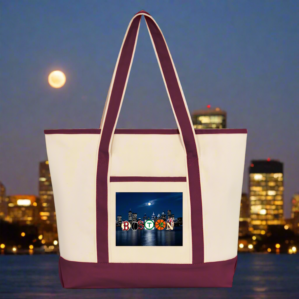 BOSTON SKYLINE AUTHENTIC Large Canvas Deluxe Tote - natural/maroon