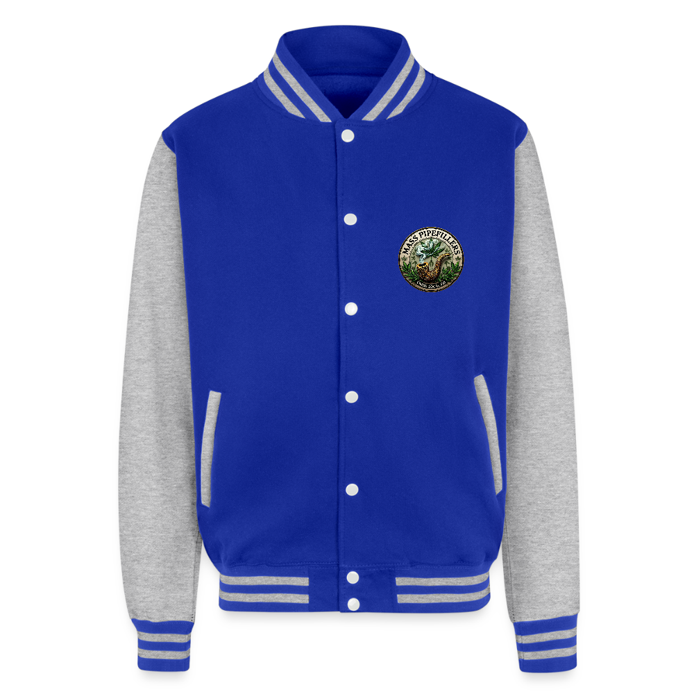 THE ORIGINAL MASS PIPEFILLERS UNION LOCAL 420 Just Hoods Heavyweight Letterman Jacket - royal/heather grey