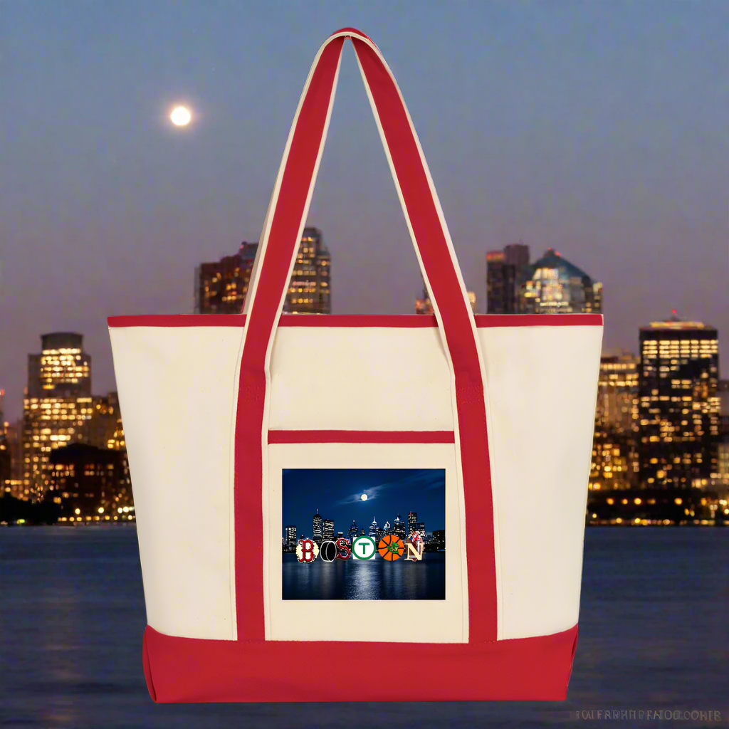 BOSTON SKYLINE AUTHENTIC Large Canvas Deluxe Tote - Natural/Classic Red