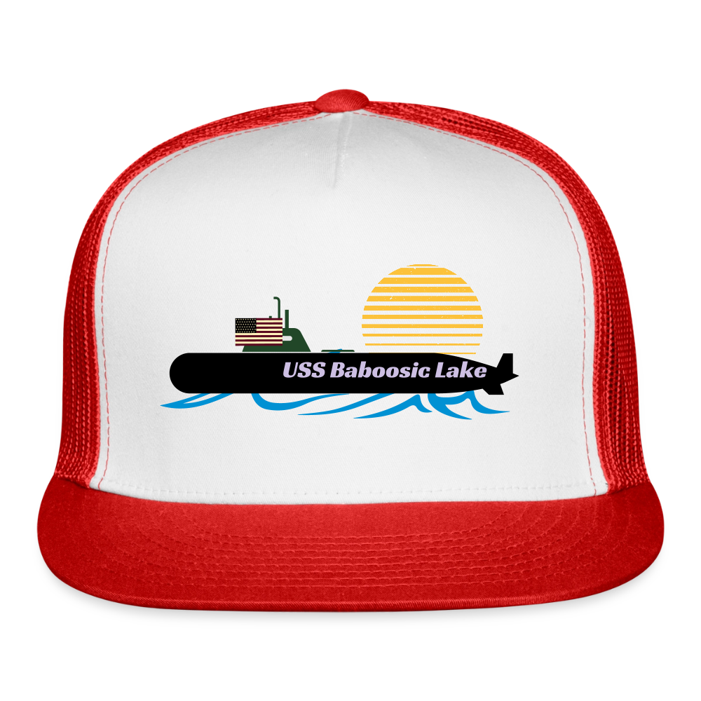 USS BABOOSIC LAKE Camo Trucker Cap - white/red