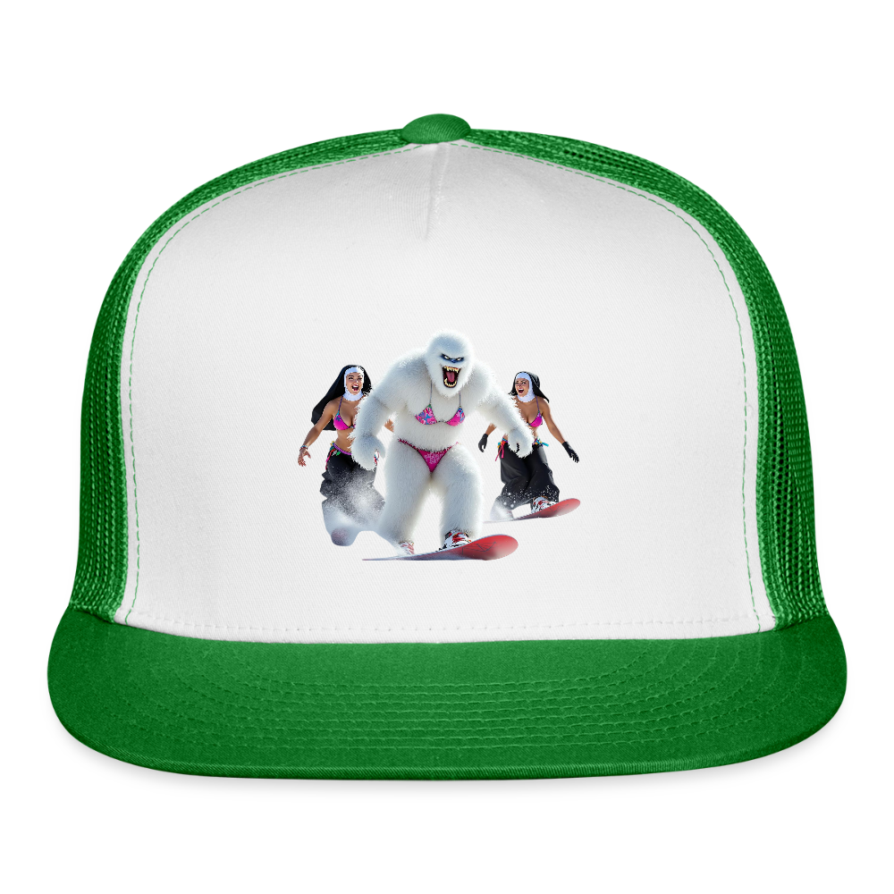 Abominable & Nuns Snowboarders Trucker Hat - white/kelly green