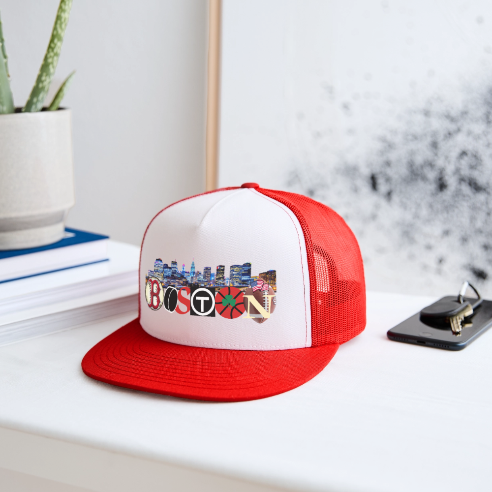 BOSTON SKYLINE Original Camo Snapback Trucker Hat - white/red