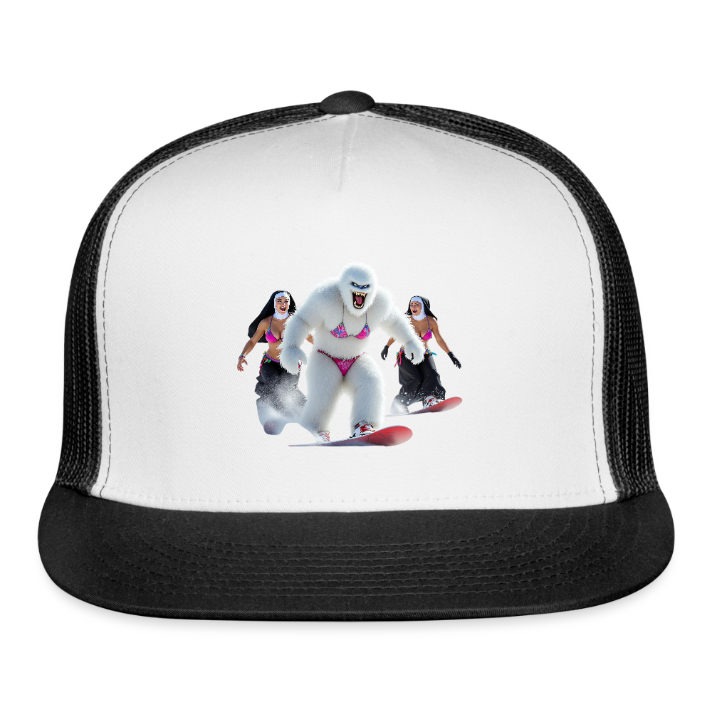 Abominable & Nuns Snowboarders Trucker Hat - white/black