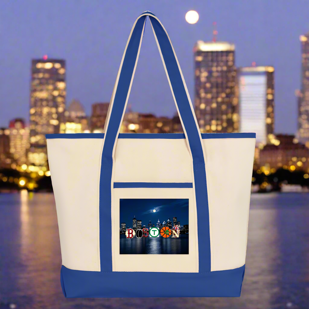 BOSTON SKYLINE AUTHENTIC Large Canvas Deluxe Tote - natural/royal