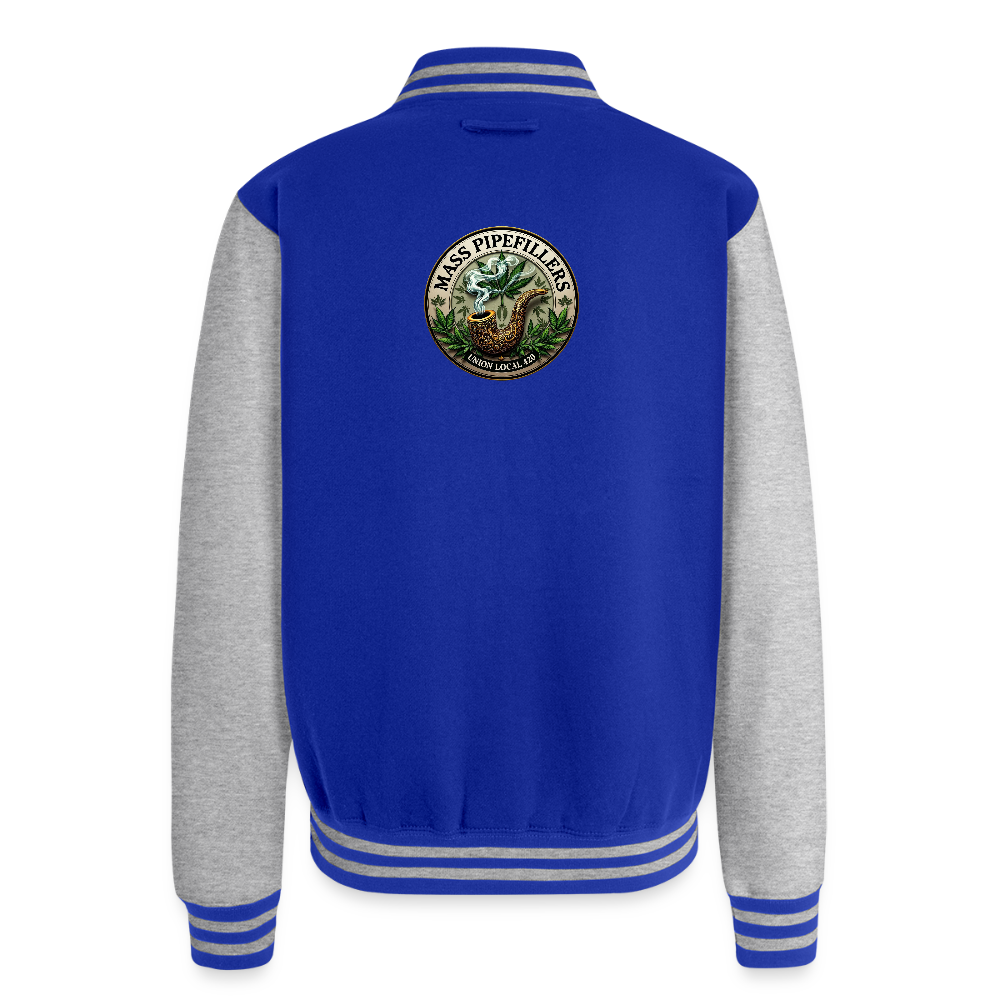 THE ORIGINAL MASS PIPEFILLERS UNION LOCAL 420 Just Hoods Heavyweight Letterman Jacket - royal/heather grey