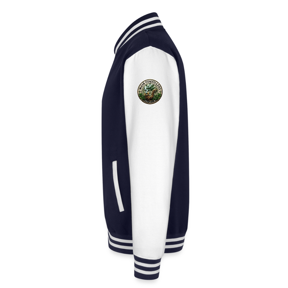 THE ORIGINAL MASS PIPEFILLERS UNION LOCAL 420 Just Hoods Heavyweight Letterman Jacket - navy/white