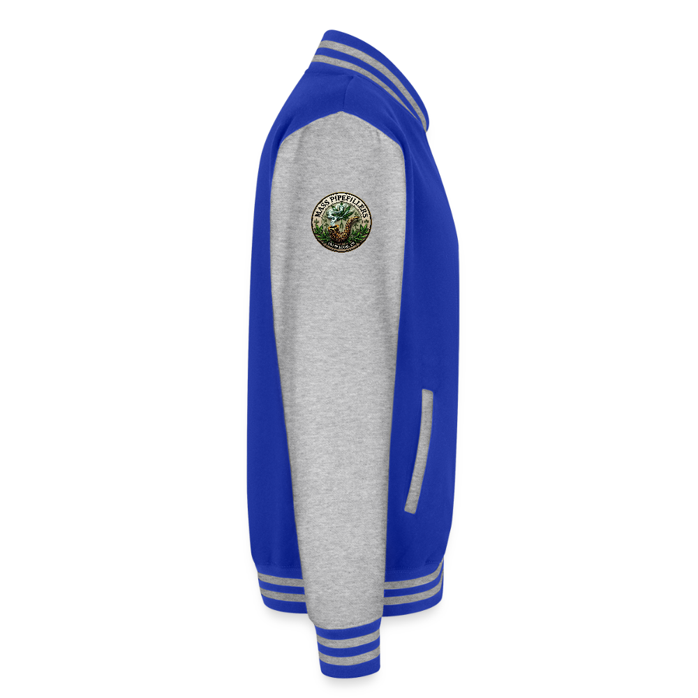 THE ORIGINAL MASS PIPEFILLERS UNION LOCAL 420 Just Hoods Heavyweight Letterman Jacket - royal/heather grey