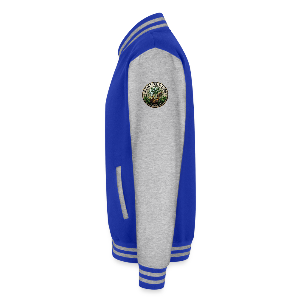 THE ORIGINAL MASS PIPEFILLERS UNION LOCAL 420 Just Hoods Heavyweight Letterman Jacket - royal/heather grey