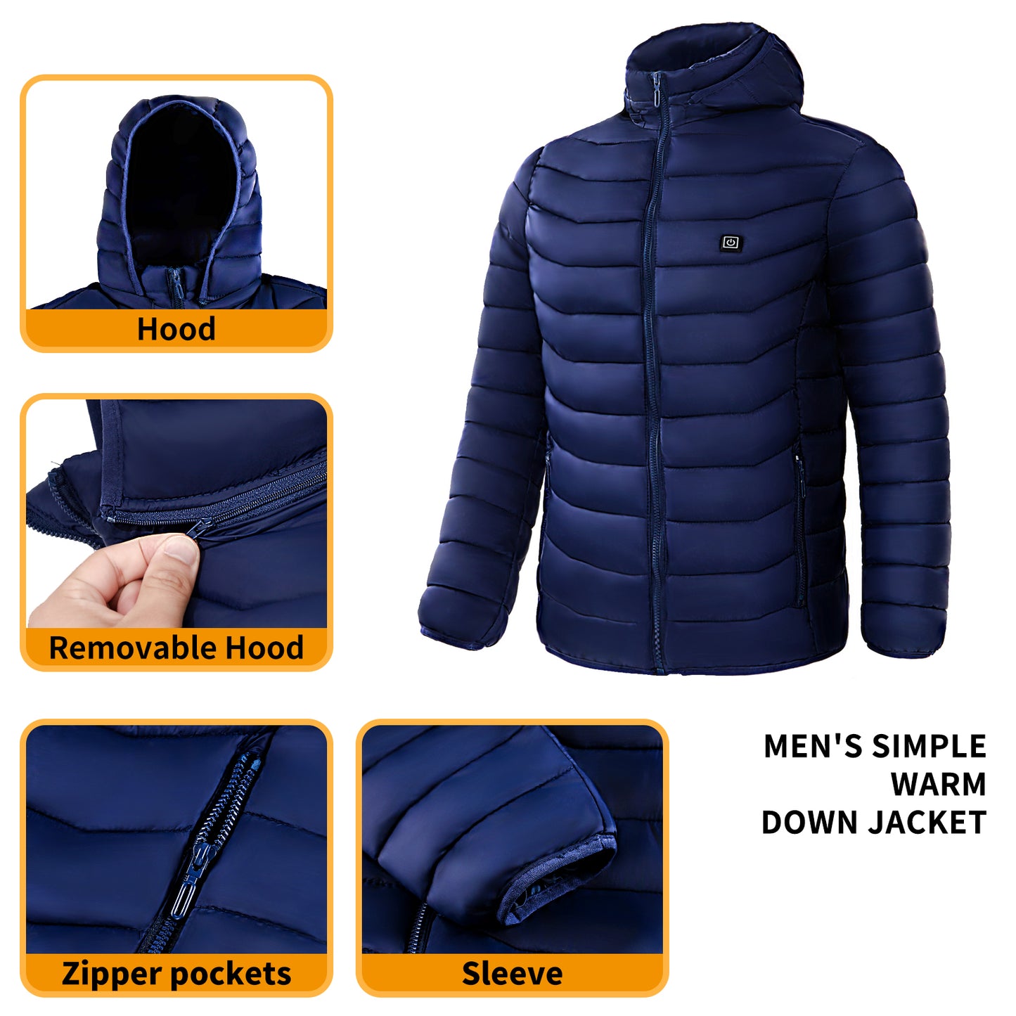 Men Heated Puffer Jacket USB Heated Coat Insulated Hood and Windbreaker