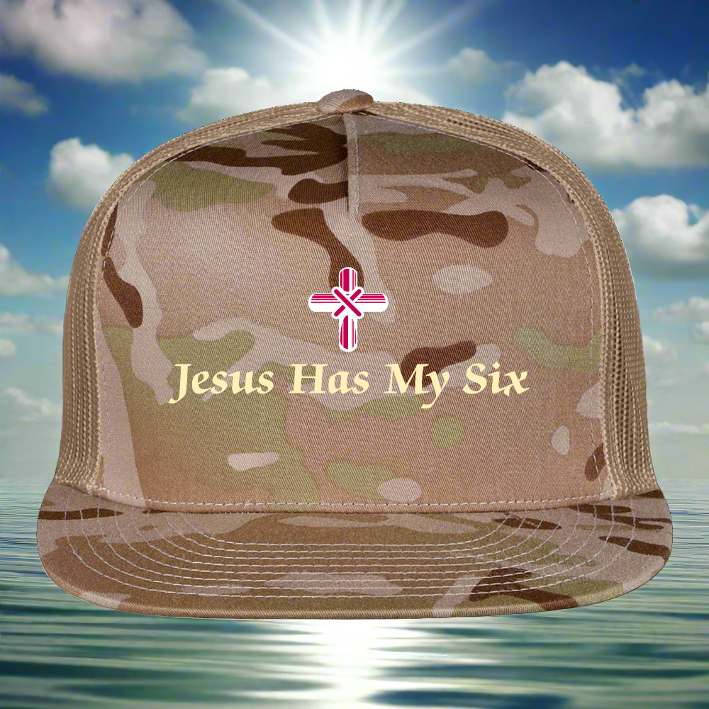 JESUS HAS MY SIX Camo Trucker CapTrucker Cap - MultiCam\tan