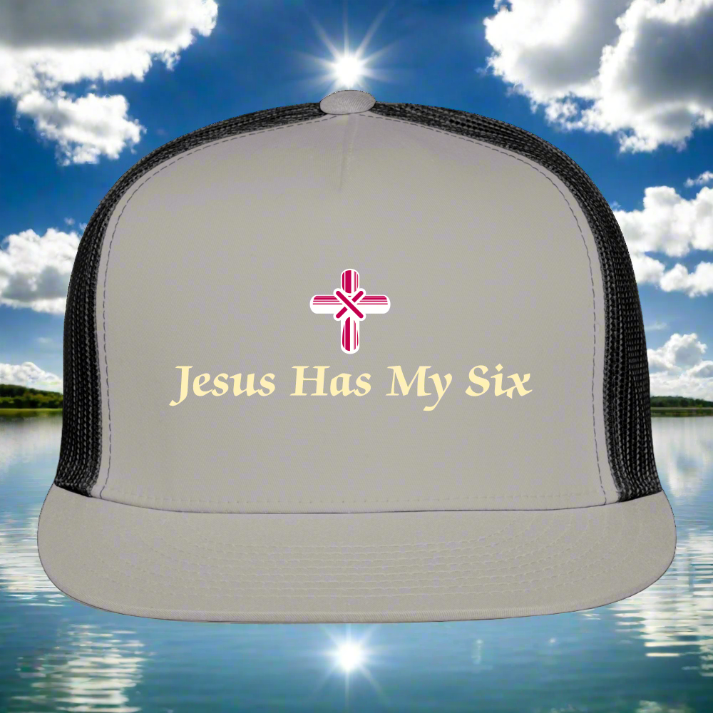 JESUS HAS MY SIX Camo Trucker CapTrucker Cap - gray/black