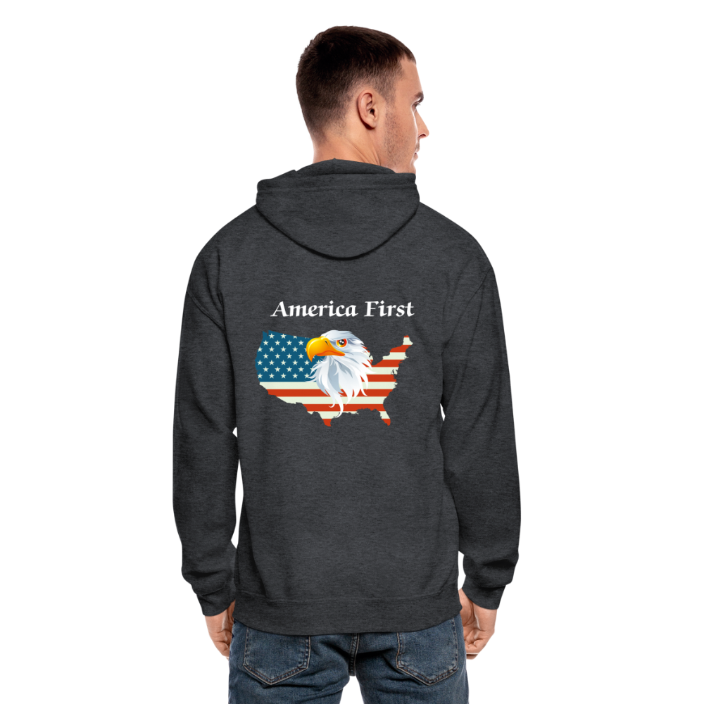 SIE CAPS "AMERICA FIRST EAGLE" Front/Back Designed Zippered Hoodie - deep heather