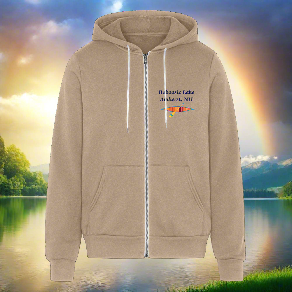 SIE CAPS "BABOOSIC LAKE AMHERST NH" Front/Back Images Bella + Canvas Unisex Full Zip Hoodie - tan