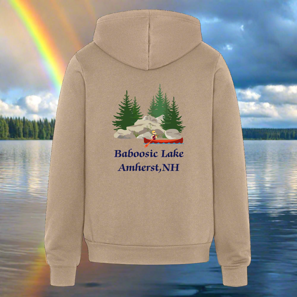 SIE CAPS "BABOOSIC LAKE AMHERST NH" Front/Back Images Bella + Canvas Unisex Full Zip Hoodie - tan