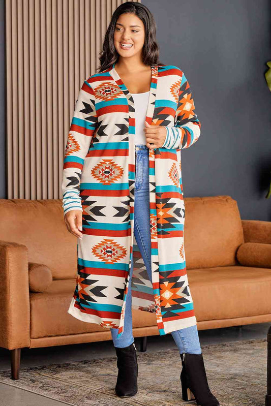Plus Size Geometric Open Front Longline Cardigan "Breathtaking"