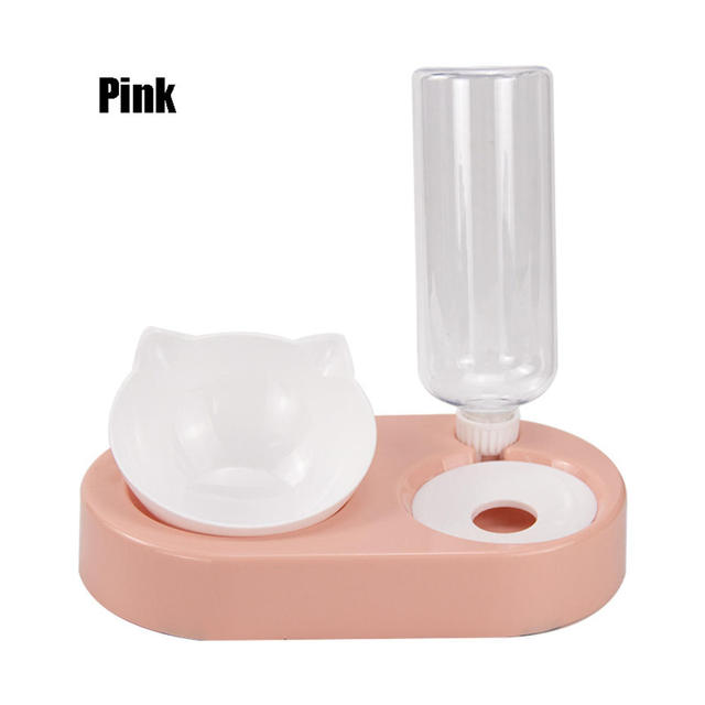 Pet Double Bowl Food Water Feeder with Auto Water Dispenser