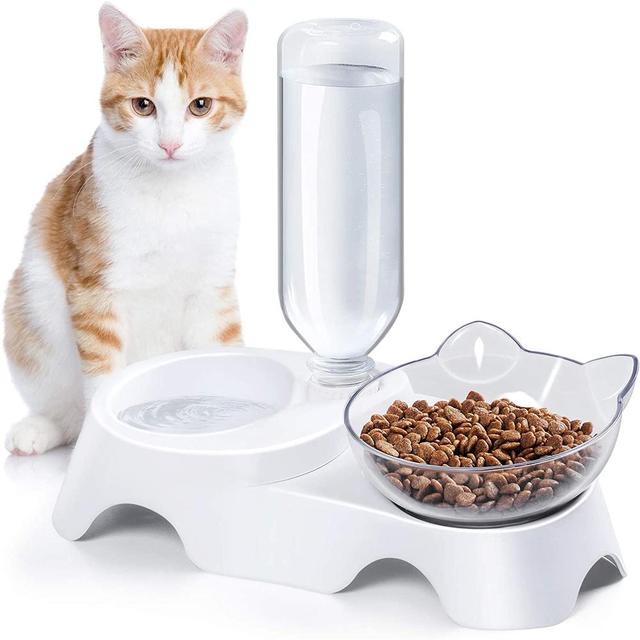 Pet Double Bowl Food Water Feeder with Auto Water Dispenser