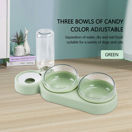 Pet Double Bowl Food Water Feeder with Auto Water Dispenser